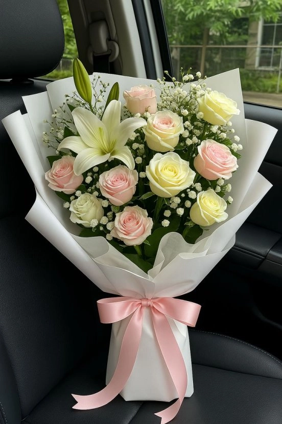 10 Adet Pembe Beyaz Güller 1 Adet Lilyumdan Oluşan Buket Modeli